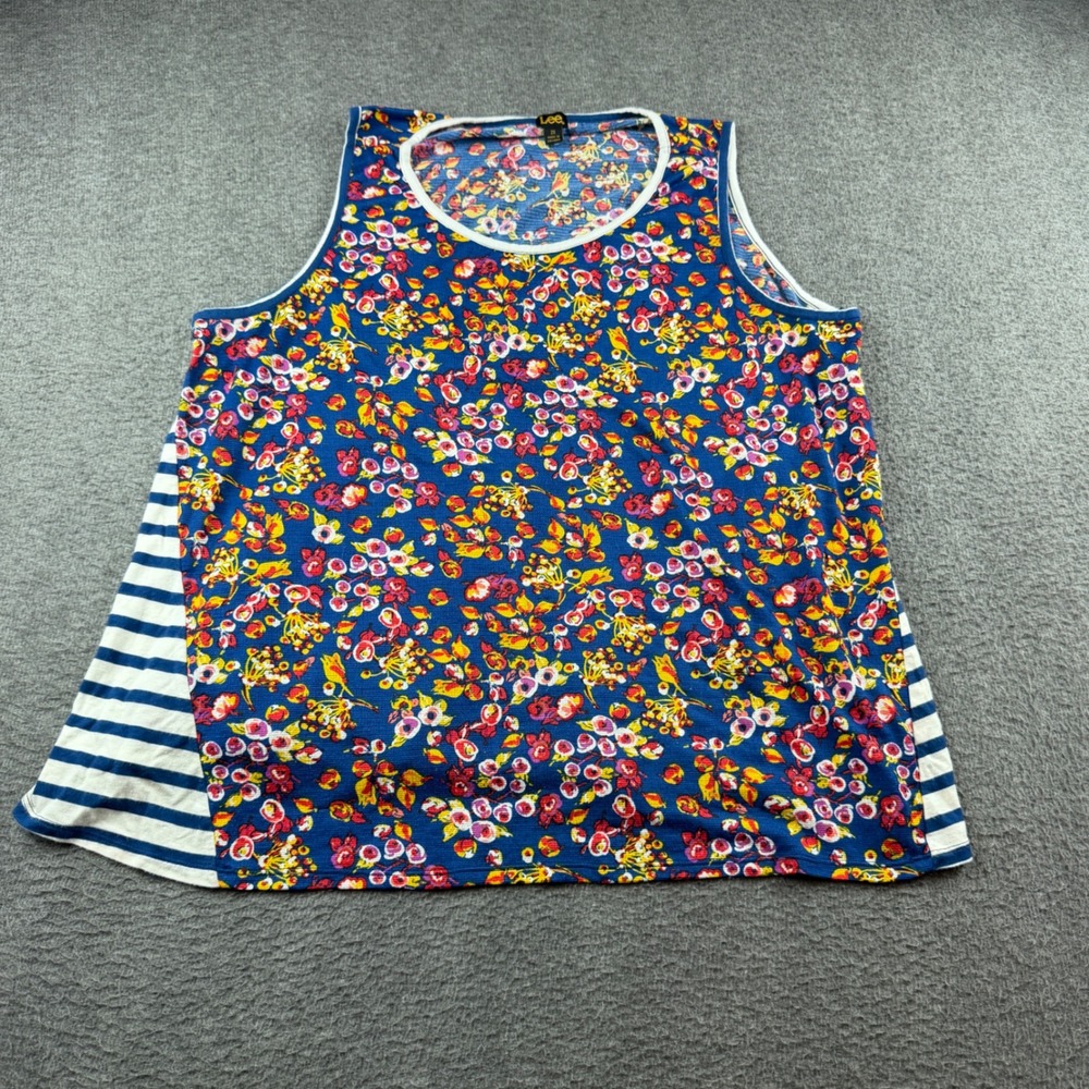 Lee Tank Top Women's 2X Blue Floral Striped Sleeveless Mixed Print Ribbed Knit